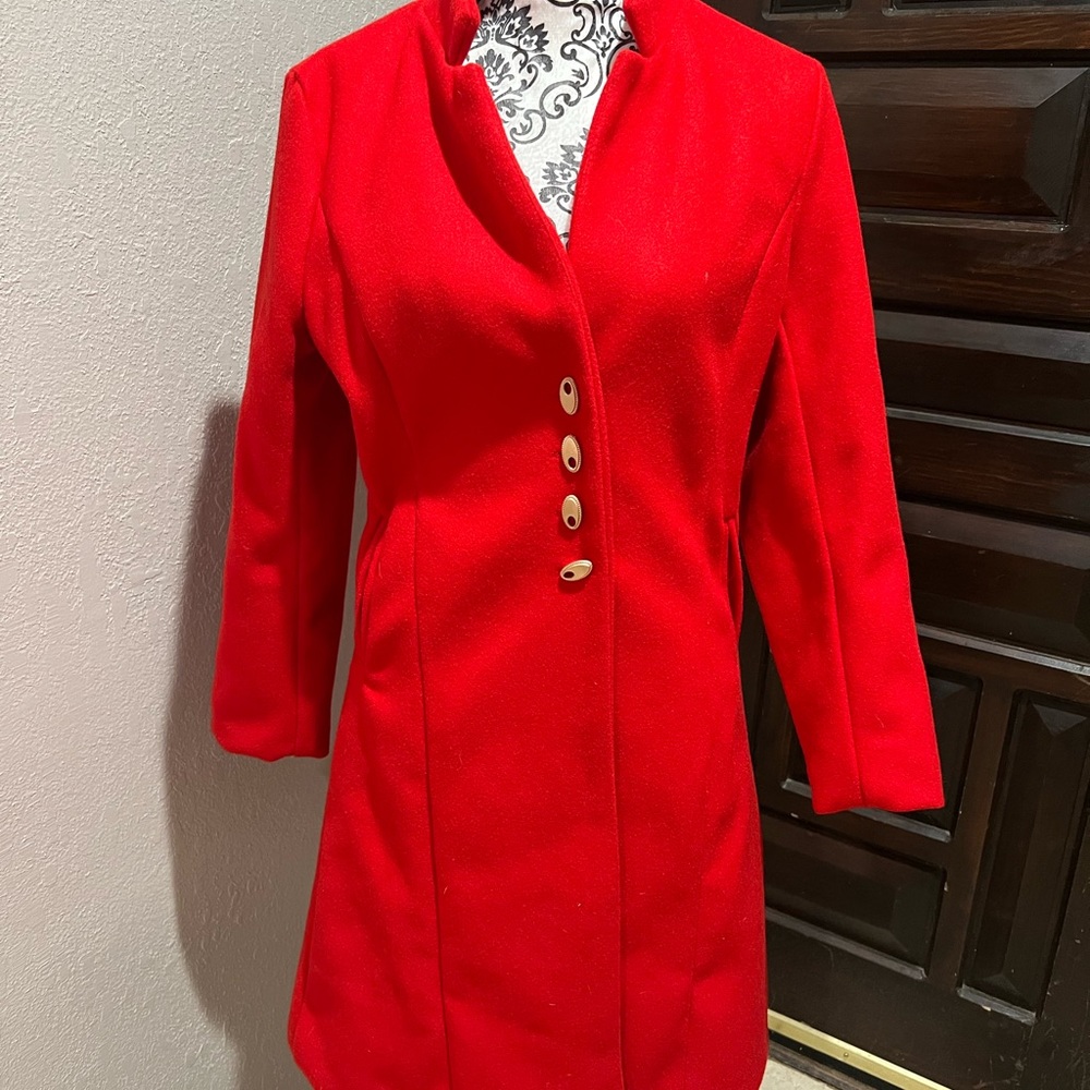 Women’s Christmas Red Blended Wool Dress Long Gold Button Up Coat Size 6